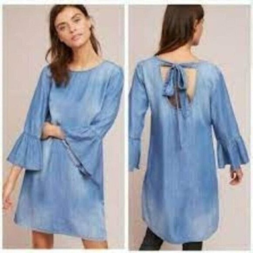 Anthropologie Cloth & Stone Chambray Bell Long Sleeve Tie Back XS Shift Dress